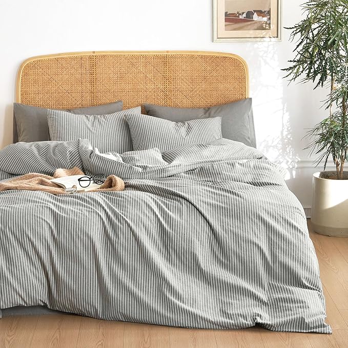 Wake In Cloud - Striped Cotton Duvet Cover Set, 100% Washed Cotton Textured Bedding Set, Ticking Stripe Pinstripe Farmhouse, 3 Pieces, Grey, Queen Size