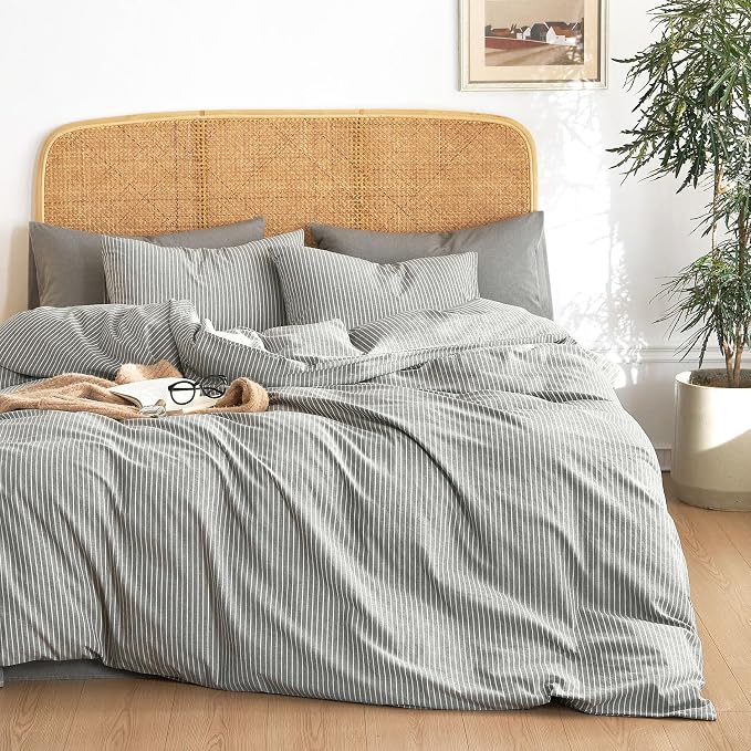 Wake In Cloud - Striped Cotton Duvet Cover Set, 100% Washed Cotton Textured Bedding Set, Ticking Stripe Pinstripe Farmhouse, 3 Pieces, Grey, Twin/Twin XL Size