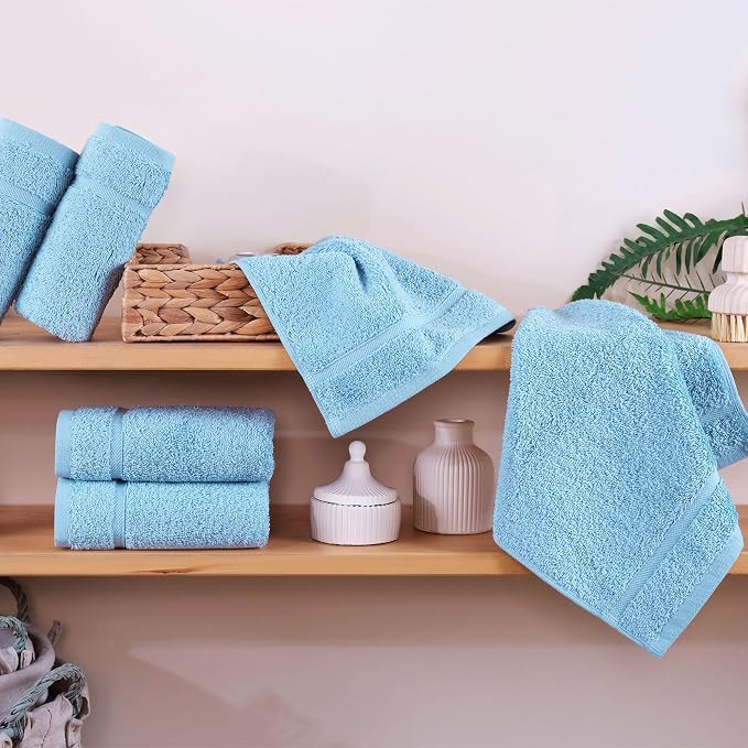 Washcloth Linen Set Premium Original Turkish Cotton, Hotel Quality for Maximum Softness & Absorbency for Face, Hand, Kitchen & Cleaning (Light Blue, Washcloth Set)