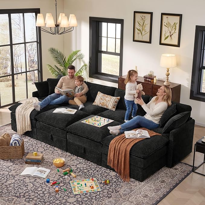 Ihanherry 135” Oversized Sectional Sofa Bed with Storage, 8-Seater Modular Cloud Couch with Movable Ottomans, Chenille Deep Seat Sleeper Couches for Living Room (Black)