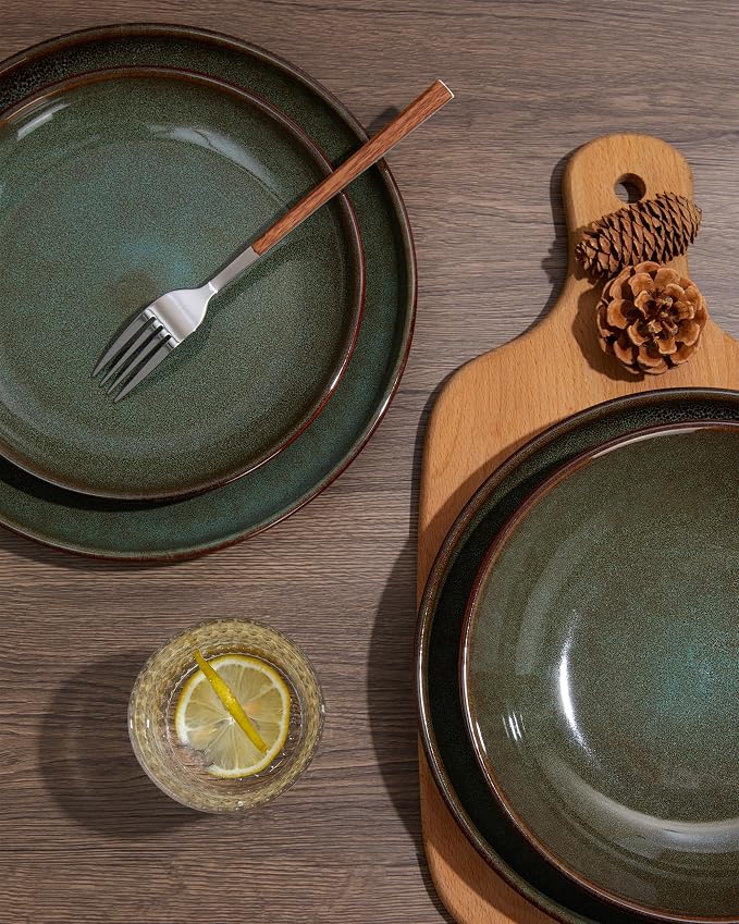 Pokini 12 Piece Dinnerware Sets with Pasta Bowls, Stain Resistant Dish Set, Easy Cleaning Dishes, Multi-Functional Plate and Bowl Set, Stack Compactly Plates, Service for 4 Sage Green