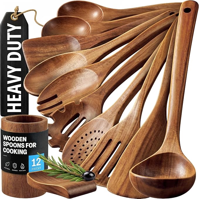Zulay Kitchen 12-Piece Teak Wooden Utensils for Cooking - Natural Teak Utensil Set with Premium Gift Box - Non-Stick Wooden Spoons for Cooking - Kitchen Gift Set - Comfortable Grip Wooden Utensil Set