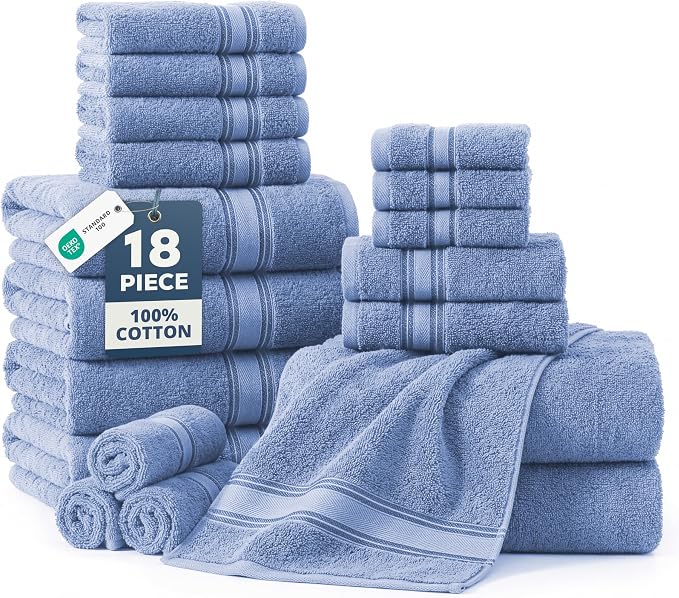 LANE LINEN Towel Set Quick Dry 100% Cotton 18 Piece Soft Absorbent - Allure | Oeko-Tex Bath Towels - Zero-Twist Durability, Terry Weave Comfort, Long-Lasting Comfort, Hotel-Style Look