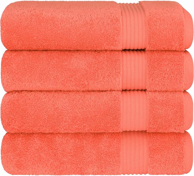 Cotton Paradise 100% Cotton Turkish Towel Set, Soft Absorbent Quick Dry, 4 Piece Bath Towel Set, Coral