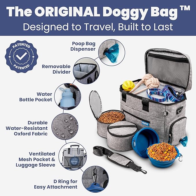 Rubyloo Mini Lint Roller Bundle Travel Size Pet Hair Remover with Retractable Cover & Grey Dog Travel Bag with Bowls Food Containers for Trips Essentials Gift Set