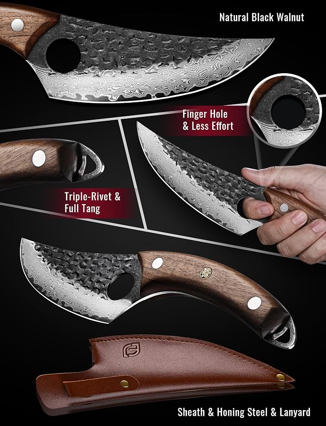 Damascus Chef Knife, 67-Layer Damascus Steel Kitchen Knife with Black Hammered Finish, Japanese Knives for Home, Outdoor Cooking, BBQ, Include Gift Box, 6.3 Inch