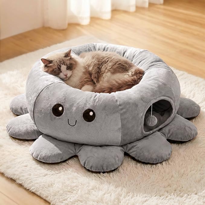 Cat Tunnel Bed for Indoor Cats, Peekaboo Cat Cave Bed with 20 Pcs Cat Toys, Soft Cat Donut Tunnel for Kitten Large Cats, Grey Octopus