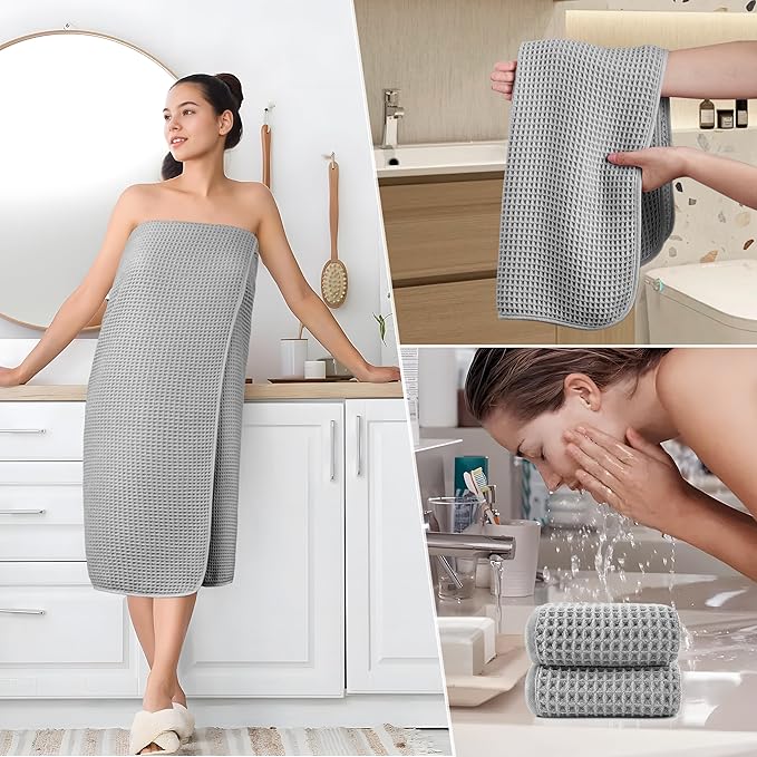 POLYTE 430 GSM Microfiber Quick Dry Lint Free Oversize Bath Towel Set, 6 Piece (Waffle Weave)