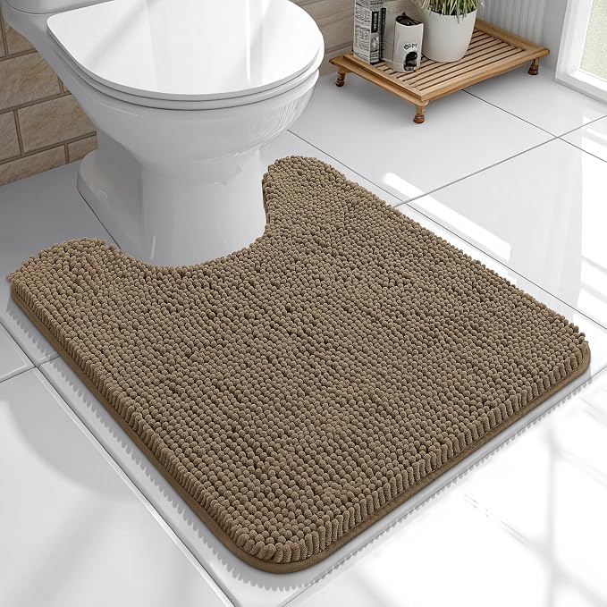 OLANLY Toilet Rugs U-Shaped 20x20, Extra Soft Absorbent Chenille Contour Bathroom Rugs for Toilet, Dry Quickly, Machine Washable, Non-Slip Bath Mat, Tan