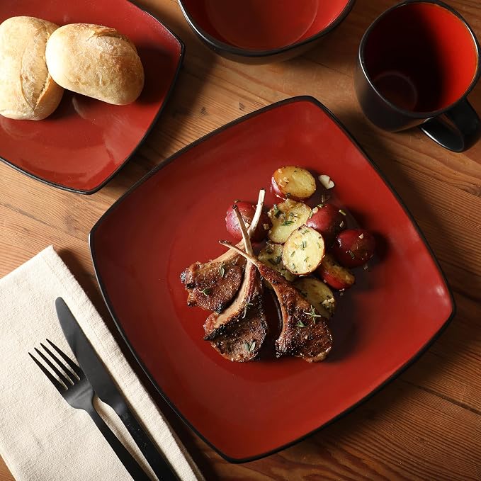 Gibson Elite Soho Lounge Square 16-Piece Dinnerware Set, Service for 4, Reactive Glaze Stoneware Plates and Bowls, Modern Dishes, Microwave & Dishwasher Safe – Red and Black