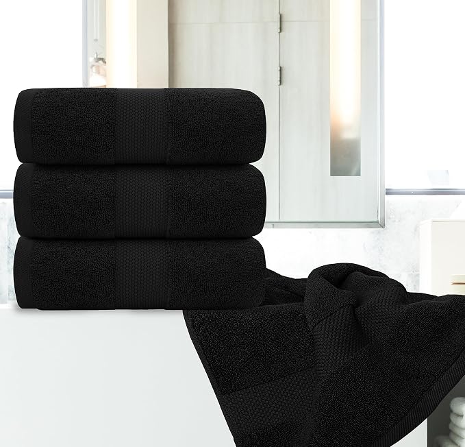 White Classic Luxury Black Bath Towels Extra Large | 100% Soft Cotton 700 GSM Thick 2Ply Absorbent Quick Dry Hotel Bathroom Towel | 27x54 Inch | Black | Set of 4