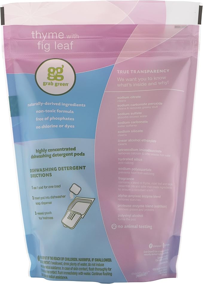 Grab Green Dishwasher Pods, 24 Count, Thyme with Fig Leaf | Plant & mineral based; Enzyme-powered; Velcro Closure; No Harsh Chemicals; Removes Grease and Stuck on Food