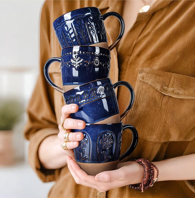 Artena Ceramic Coffee Mugs Set of 4, 16oz Embossed Large Latte Mugs Coffee Cups with Handle for Tea, Latte, Cappuccino & Cocoa, Milk Dishwasher & Microwave Safe, Blue (Wheat Leaf)