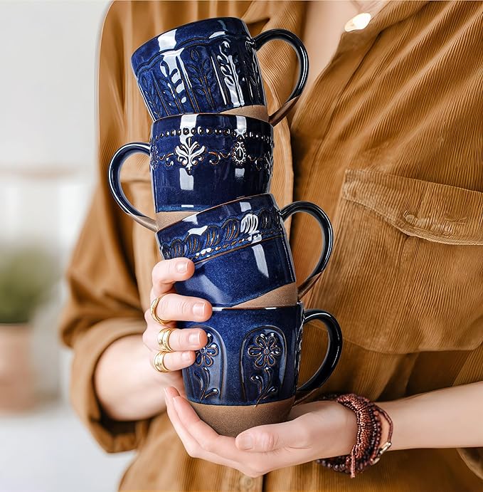 Artena Ceramic Coffee Mugs Set of 4, 16oz Embossed Large Latte Mugs Coffee Cups with Handle for Tea, Latte, Cappuccino & Cocoa, Milk Dishwasher & Microwave Safe, Blue (Damask Floral)