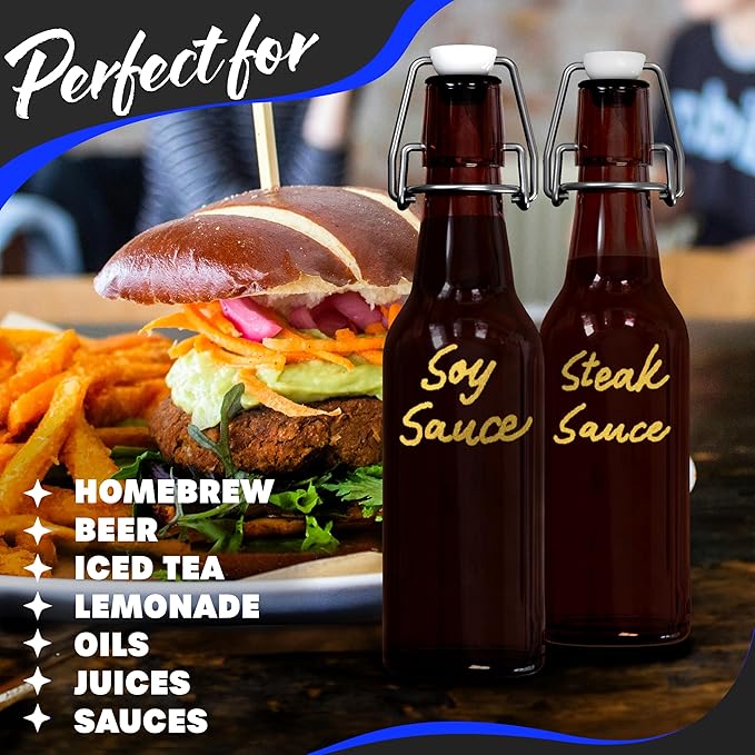 Nevlers 8.5 Oz Amber Swing Top Glass Bottles with Airtight Lid | Small Beer Bottle 12 Pack | Flip Top Glass Bottle Set with Funnel, Brush, Marker, Tags & Shrink Wrap | Homemade Vanilla Extract Bottles