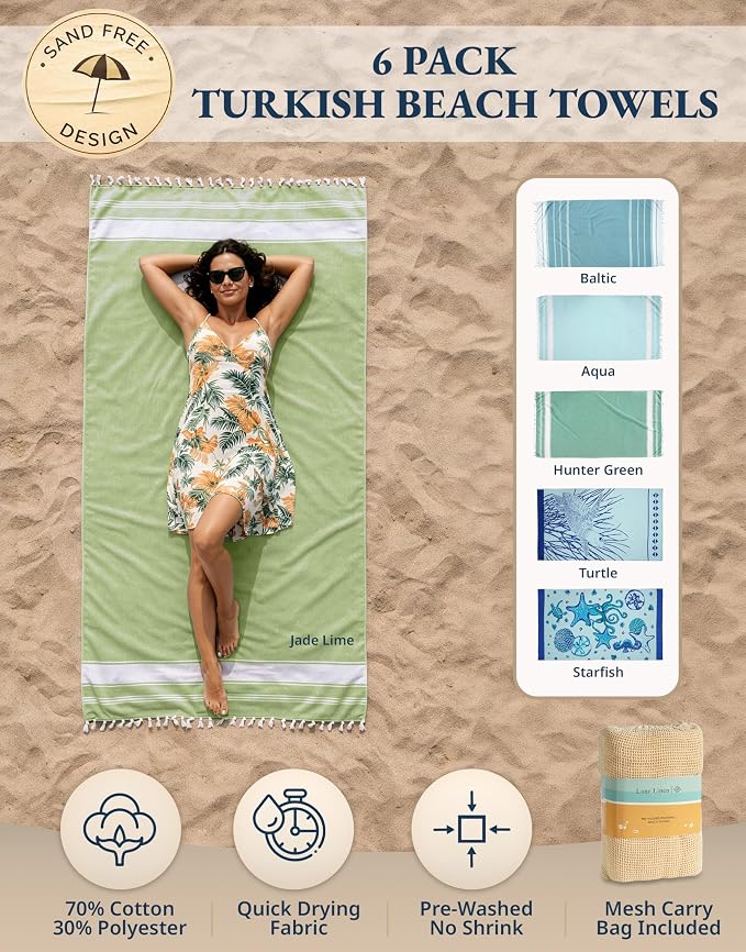 LANE LINEN Turkish Beach Towels 6 Pcs, Super Absorbent - Tropical Breeze | Oversized Beach Towel - Lightweight Beach Essentials for Women - Large Pool Towel, Absorbent & Quick Dry, 39"x71", Sand Free