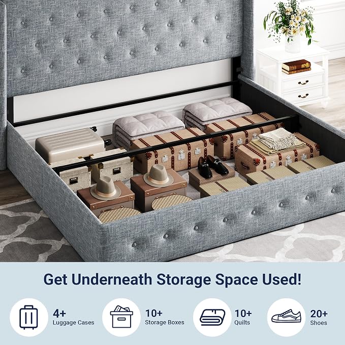 Allewie King Size Lift Up Storage Button-Tufted Bed Frame Blue Grey | Modern Wingback Headboard, Hydraulic Support Storage, No Box Spring Needed