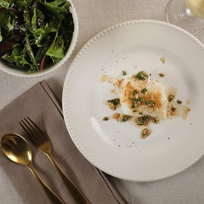 Gibson Home Caviara Plates and Bowls Set, 12-Piece Dinnerware Set, White Round Beaded Rim Ceramic Dish Set, Dinner Plates, Salad Plates & Cereal Bowls