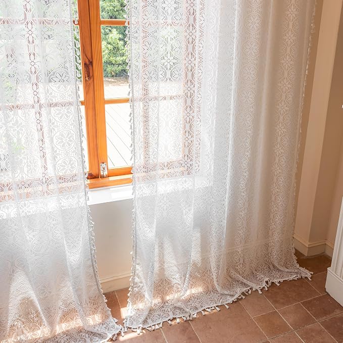 Sutuo Home White Boho Sheer Curtains 84 inches Long for Bedroom Living Room, Ivory Lace Curtains Cottage Bohemian Farmhouse Vintage Crochet Tassels Victorian Floral Privacy Rod Pocket, 2 Panels 50" W