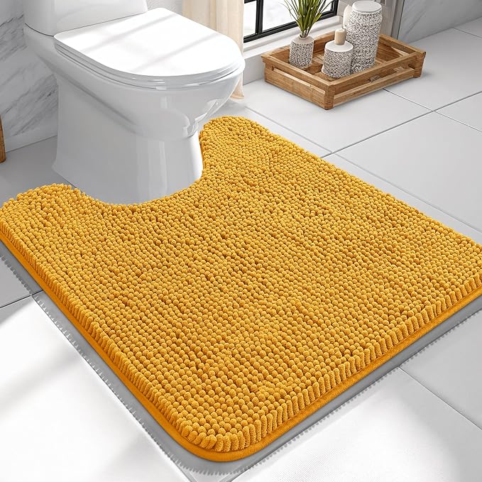 OLANLY Toilet Rugs U-Shaped 24x24, Extra Soft Absorbent Chenille Contour Bathroom Rugs for Toilet, Dry Quickly, Machine Washable, Non-Slip Bath Mat, Golden Yellow