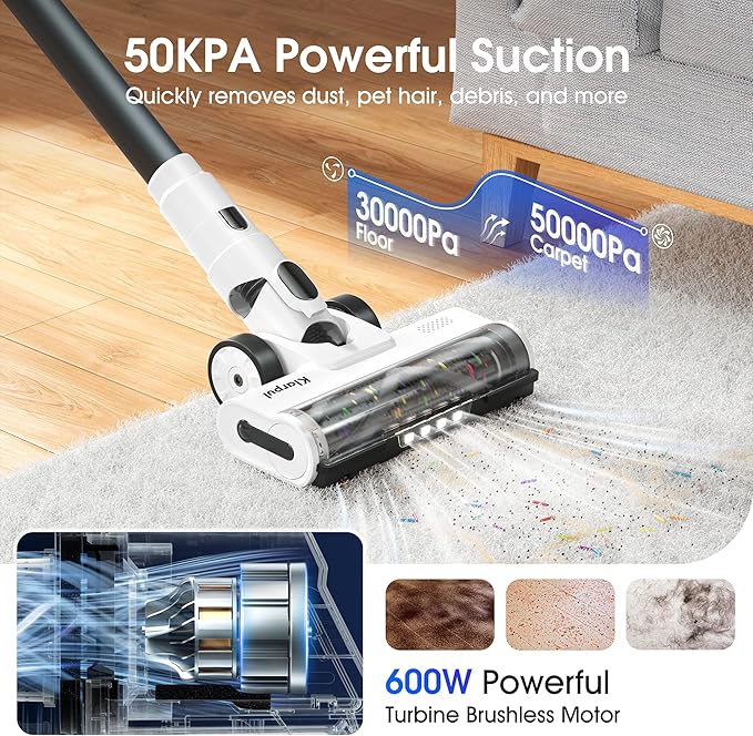 Klarpul Cordless Vacuum Cleaner, 2 Batteries 140 Mins Runtime 600W 50Kpa Stick Vacuum Cordless, Self-Standing Vacuum Cleaners for Home with 2.5H Fast Charging, for Floor/Carpet/Pet Hair, White