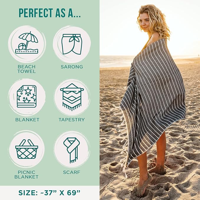 Sand Cloud Turkish Beach Towel - Sand Resistant & Quick Dry Towel | 100% Certified Organic Turkish Towel - Bath Towel or Beach Blanket for Picnic - As Seen on Shark Tank - Gocek (Black)