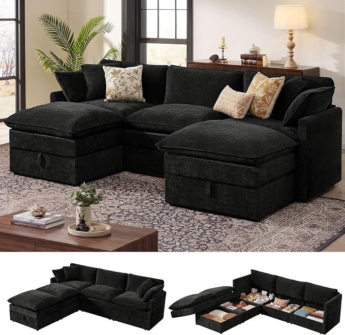 Ihanherry 103” Modular Sectional Sofa with Storage, U Shaped Cloud Couch with Movable Ottomans & 4 Pillows, Chenille Deep Seat Sectional Couches for Living Room, Apartment (Black)