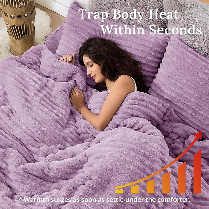Sasttie Full Comforter Set 3 Pieces - Super Soft Fleece Comforters Full Size, 1 Luxury Warm Fuzzy Marshmallow Comforter with 2 Pillow Cases, Faux Fur Down Alternative Bedding Set, Purple