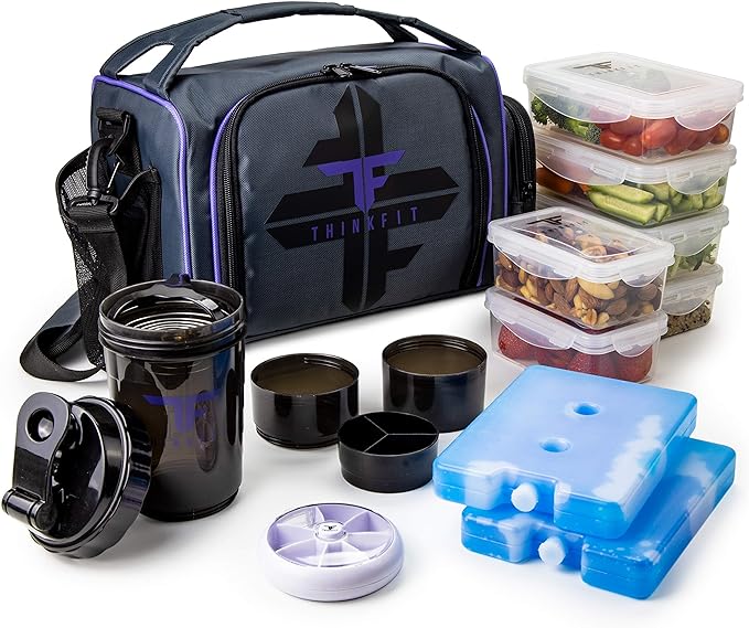 Insulated Meal Prep Lunch Box with 6 Containers, 2 Ice Packs, Purple | Leak-Proof BPA-Free Containers, Shaker Cup, Pill Organizer, Microwave and Freezer Safe, for Work and Gym, ThinkFit