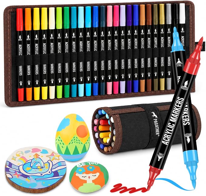 Pagather 24 Colors Acrylic Paint Markers, Dual Tip with Fine Tip and Brush Tip Pens for Stone, Wood, Calligraphy, Canvas, Ceramic, Metal, Glass, Rock Painting, DIY Crafts Art Supplies Kit