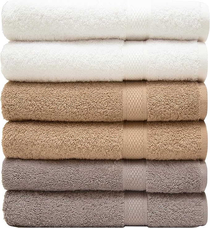Pleasant Home Bath Towels Set of 6 (24” x 50”) 100% Cotton, 515 GSM | Soft & Highly Absorbent Towels for Bathroom, Gym, Pool & Spa | Bulk Bath Towels 6 Pack - Neutral Mix