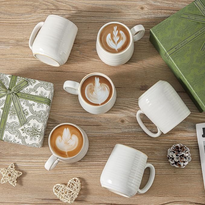 HASENSE Coffee Mugs Set of 6, 15 oz Ceramic Coffee Cups, Clay-Infused White | Porccelain Stoneware Large Handle Home Office Women Men Dad Mom Thanksgiving Gift Latte Hot Cocoa Dishwasher Microwave Safe