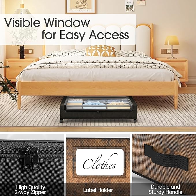 Yecaye Under Bed Storage with Wheels, 4 Pack Under Bed Storage Containers, Underbed Shoe Storage Organizer, Rolling Under Bed Metal Drawers for Clothes, Blankets, Brown