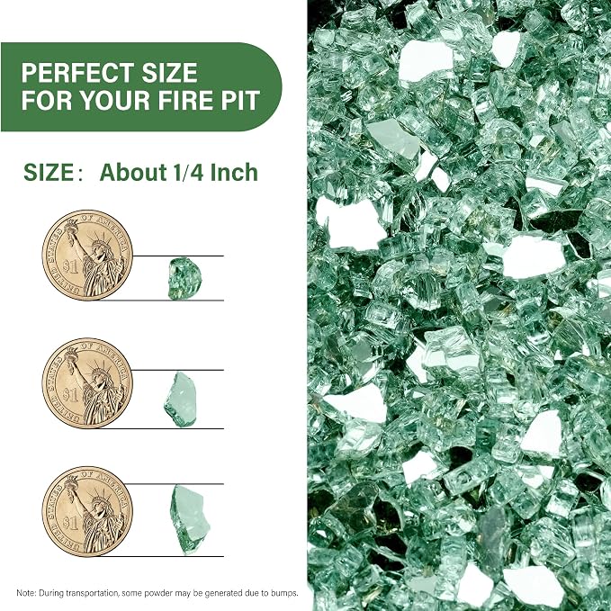 NUPICK 5 Pound Fire Glass, 1/4 Inch Reflective Fire Pit Glass | Tempered Fire Pit Rocks for Propane or Natural Gas, Glass Rocks for Fire Pit Table, Fireplace, Fire Bowl, Landscaping, Green