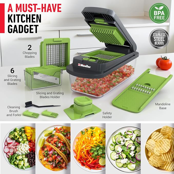 MUELLER HOME Pro-Series 10-in-1, 8 Blade Vegetable Chopper, Onion Mincer, Cutter, Dicer, Egg Slicer with Container, French Fry Cutter Potato Slicer, Home Essentials, Salad Chopper,Gray/Green
