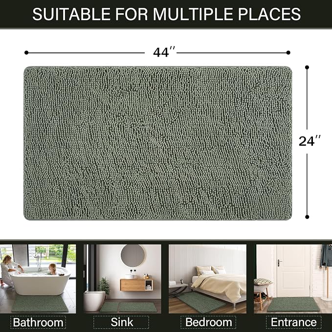 LOCHAS Luxury Bathroom Rug Shaggy Bath Mat 24 x 44 Inch, Sage Green | Washable Non Slip Bath Rugs for Bathroom Shower, Soft Plush Chenille Absorbent Carpets