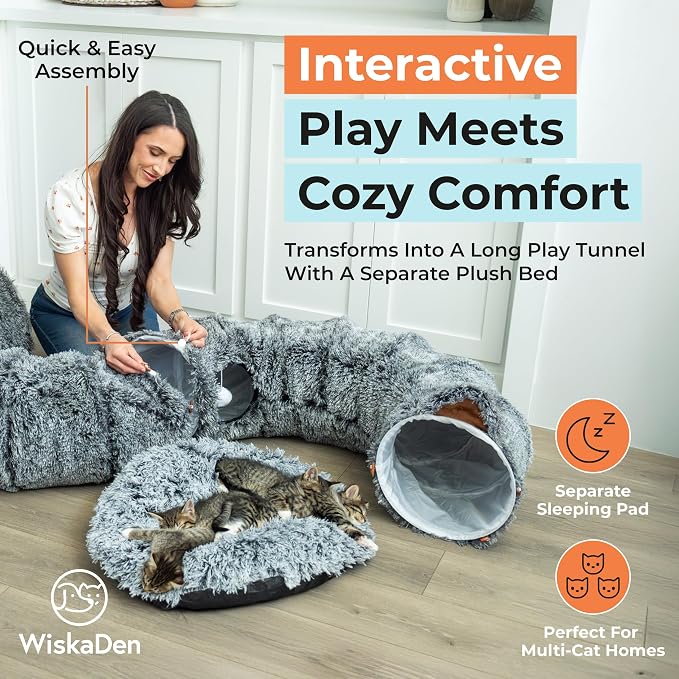 WiskaDen XL Plush Cat Tunnel Bed with Toy and Elderly Feline Access. 3-in-1 Dark Grey Fluffy Donut Cushion with Ears. Circle Tube for Indoor Cats Leisure, Hiding Spot, Dog Bed, or Rabbit Cave