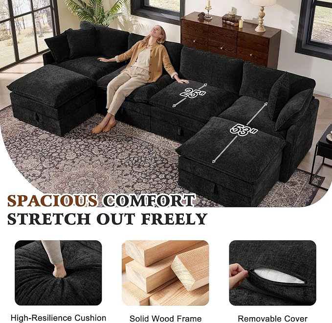 Ihanherry 135” Modular Sectional Sofa with Storage, U Shaped Cloud Couch with Movable Ottomans & 4 Pillows, Chenille Deep Seat Sectional Couches for Living Room, Apartment (Black)