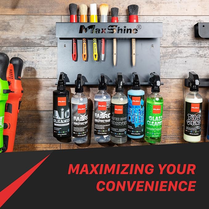 Maxshine Universal Brush & Trigger Bottle Holder – Wall-Mount Organizer Holds 10 Brushes & 6 Spray Bottles – Black Powder-Coated Metal Rack for Garage, Auto Detailing Shop & Car Care Storage