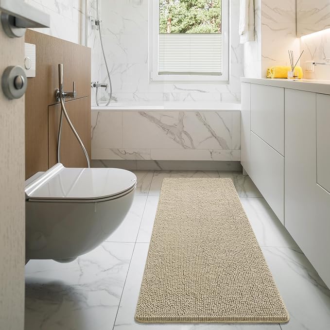 LOCHAS Luxury Bathroom Rug Shaggy Bath Mat 24 x 70 Inch, Beige | Washable Non Slip Bath Rugs for Bathroom Shower, Soft Plush Chenille Absorbent Carpets