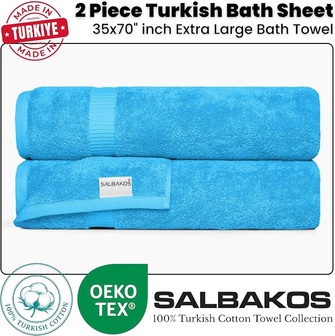 SALBAKOS 2-Piece 100% Turkish Cotton Bath Towels, X-Large 35x70, Aqua Blue | Oversized Bath Sheet Towel for Bathroom & Beach, Thick, Super Soft, Highly Absorbent, Premium Hotel Quality, Made in Turkey