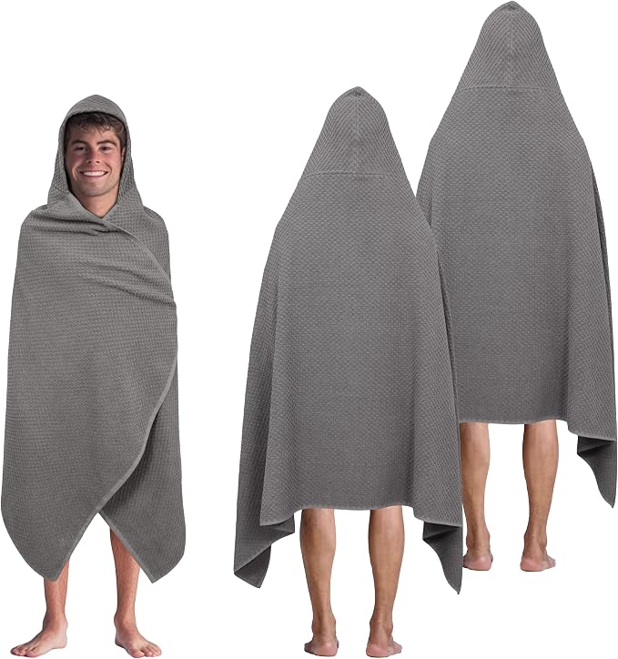 COTTON CRAFT Hooded Bath Towel for Adults – 2 Pack 100% Cotton Bath Sheet | Waffle Weave Oversized 35x70 inch Ringspun Terry Bath Wrap with a hood - Soft Super Absorbent Quick Dry – 450 GSM – Grey