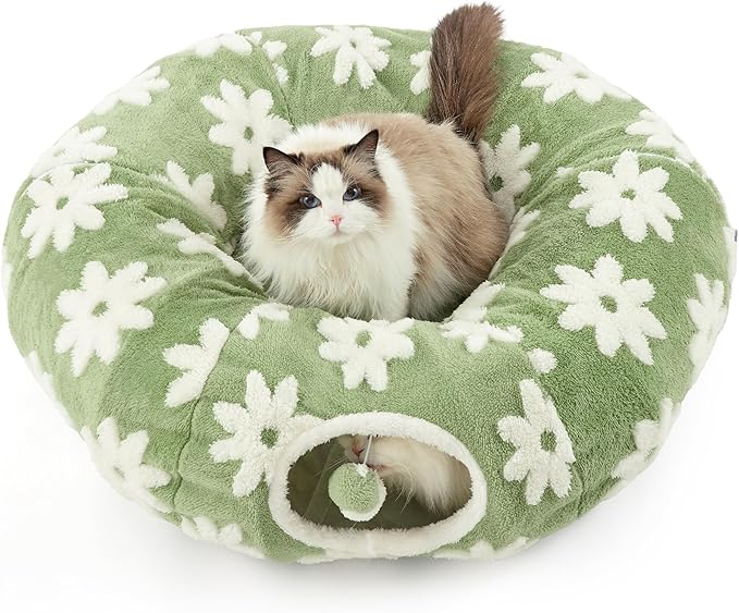 Lesure Cat Tunnel Bed for Indoor Cats - Cute Cat Donut Tunnel Toys for Small Large Cats with Washable Circle Cushion, Round Pet Peekaboo Cave Toy for Kitten/Puppy/Rabbit, Standard Flower Garden Green