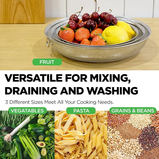 Shallow Stainless Steel Colander Set of 3 – Micro-Perforated Tray Strainers for Berries Vegetables Fruit, 18/8 304 Low Profile (2, 3, 4 Qt) Self-Draining Base, Dishwasher Safe, Made in Korea