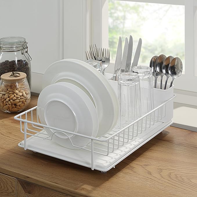 SunnyPoint 304 Stainless Steel Compact Dish Drying Rack, 15.3"x11.6", Diatomaceous Earth Drainboard, Removable Utensil Caddy, Space-Saving Countertop Design (White)