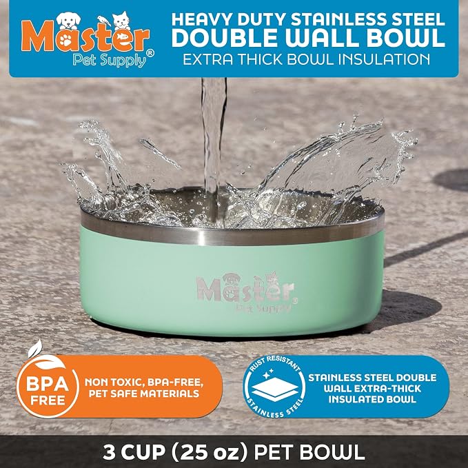 Master Pet Supply Stainless Steel Dog Bowls - 25 oz, Heavy Duty - Pistachio, Double Wall Extra-Thick Insulated, Non-Slip Pet Water Bowl for Dogs, Cats & Pets, Anti Rust Metal, Dish Washer Safe