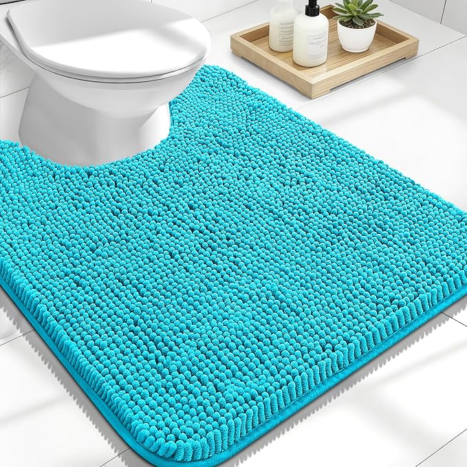 OLANLY Toilet Rugs U-Shaped 24x20, Extra Soft Absorbent Chenille Contour Bathroom Rugs for Toilet, Dry Quickly, Machine Washable, Non-Slip Bath Mat, Aqua Sky