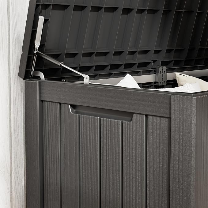 150 Gal Deck Box,Outdoor Storage Box Waterproof Lockable,Gas Lift,Black | Large Resin Deck Box, UV-resistant all-weather, lockable storage for patio furniture, garden tools, pool accessories, black
