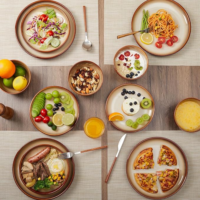 Pokini Ceramic Dinnerware Sets for 6, 18 Pieces Stoneware Plates and Bowls Sets, Chip and Crack Resistant Dishes, Dishwasher & Microwave Safe Dishware Sets, Brown Yellow