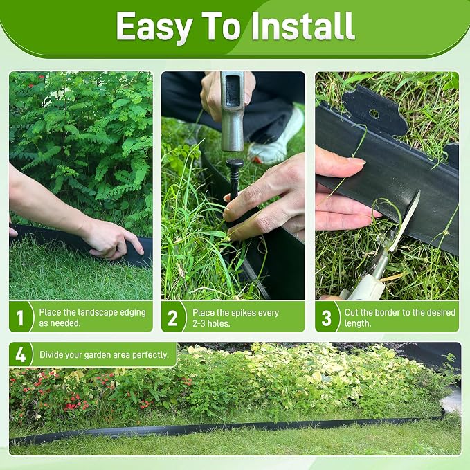 Quibbay 3.15" x 50' Landscape Edging, Plastic Garden Edging Borders with 75 Anchoring Spikes, Flexible Lawn Edging for Landscaping Garden Flower Beds Grass Yard Paver Pathway, Black